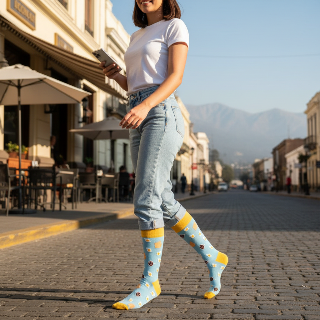 Calcetines Huevos y Tostadas - Acción caminando calle café femenina caña alta