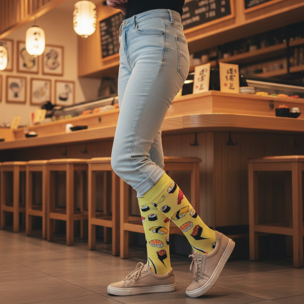 Calcetines Sushi - Plano general sushi bar femenina caña alta
