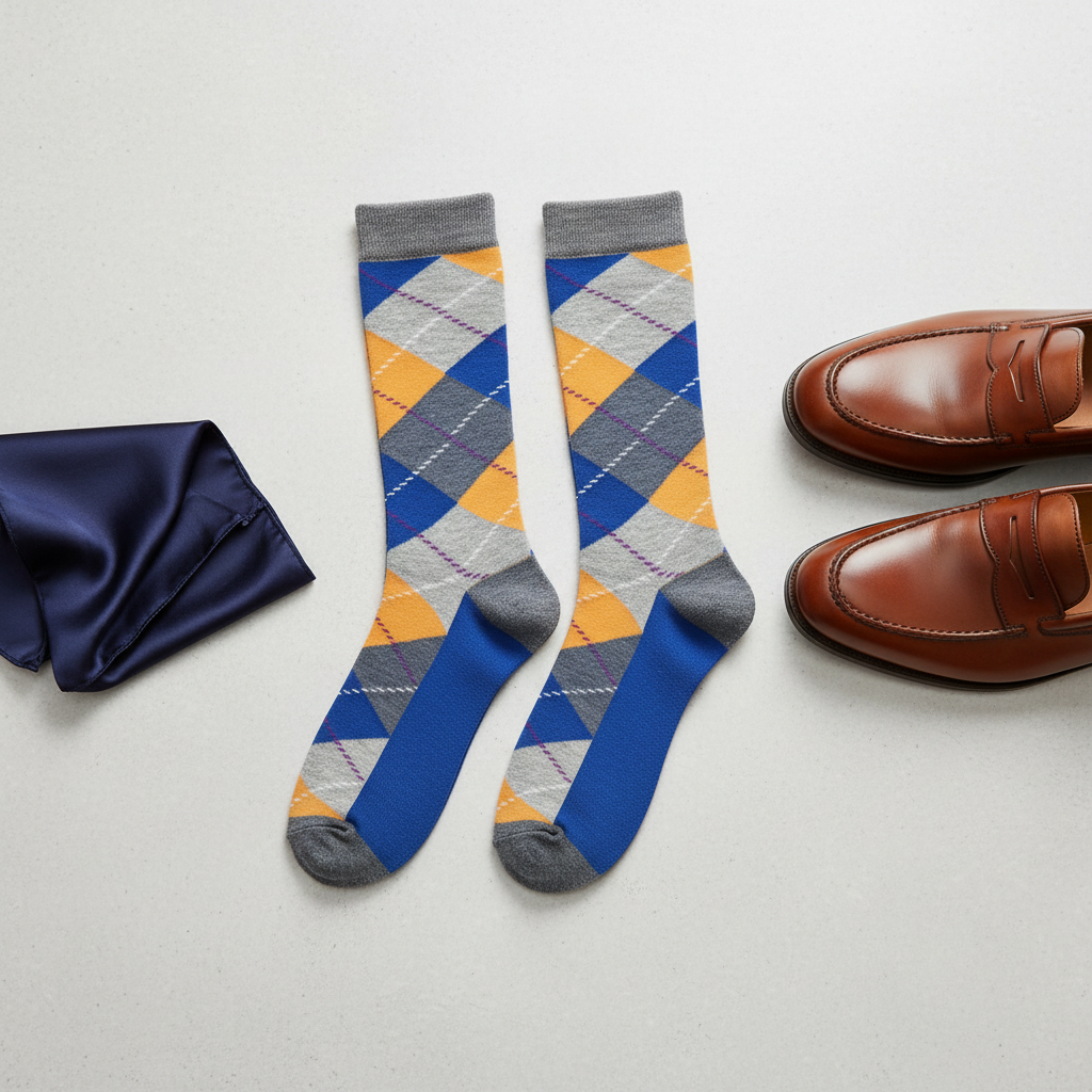 Calcetines Escoces Azul - Portada flat lay argyle azul amarillo gris