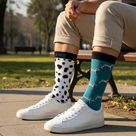Calcetines KIUO Dalmata Print - ambas piernas sentado en banca parque