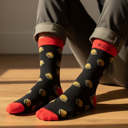 Calcetines KIUO Hamburguesas - close up hombre portada con diseño de hamburguesas