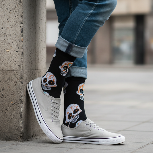 Calcetines KIUO Calaveras - apoyado en muro concreto Santiago