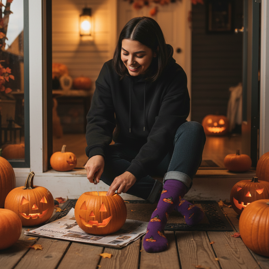 Calcetines Halloween Calabazas - Tallando calabaza mujer 20s noche caña alta