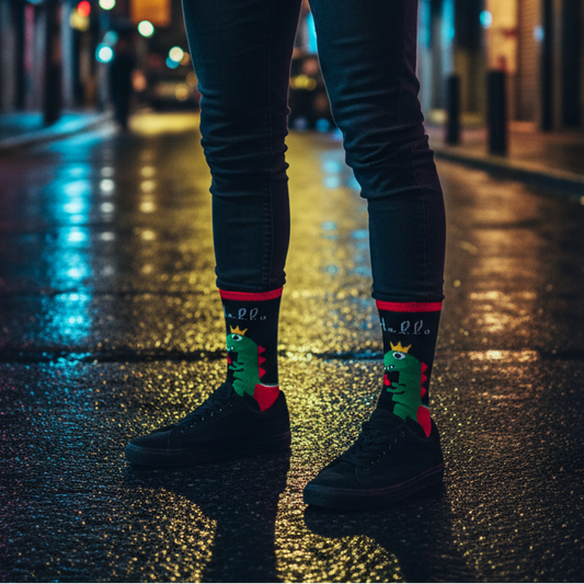 Calcetines KIUO Dragon media caña - plano general noche urbana neon Santiago