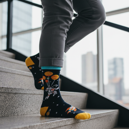 Calcetines KIUO Astronauta Con Globos - subiendo escaleras edificio Santiago