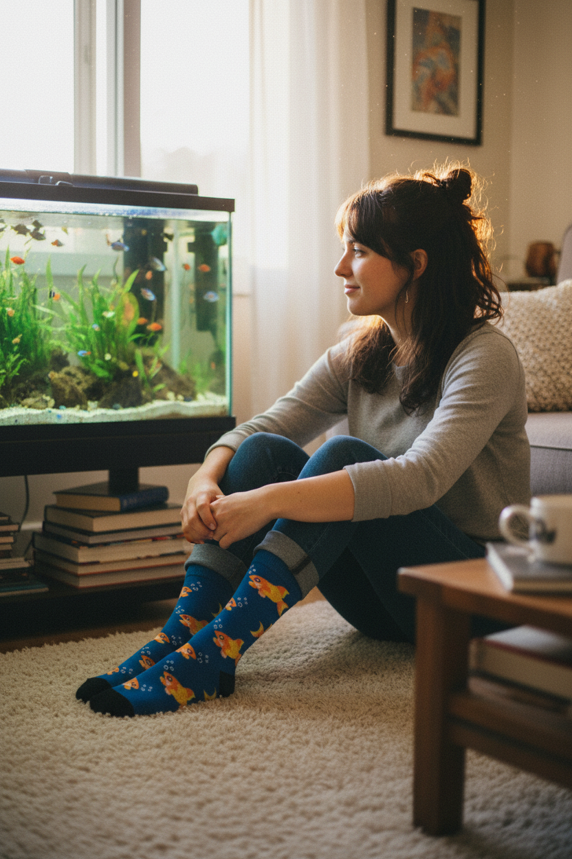 Calcetines Peces Felices lifestyle mujer con acuario