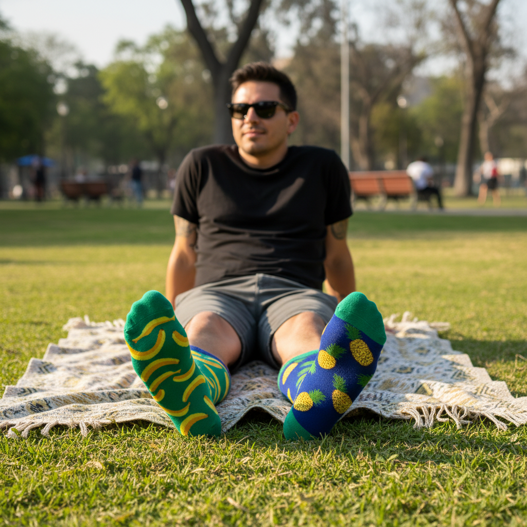 Calcetines Piña y Banana lifestyle hombre parque con lentes