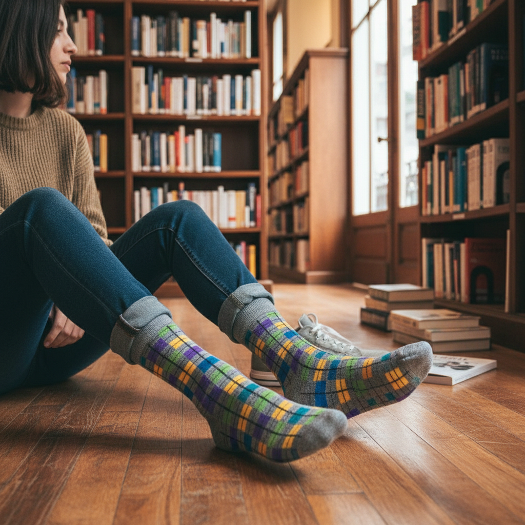 Calcetines KIUO Cuadrille - diseño de cuadros de colores en librería chilena