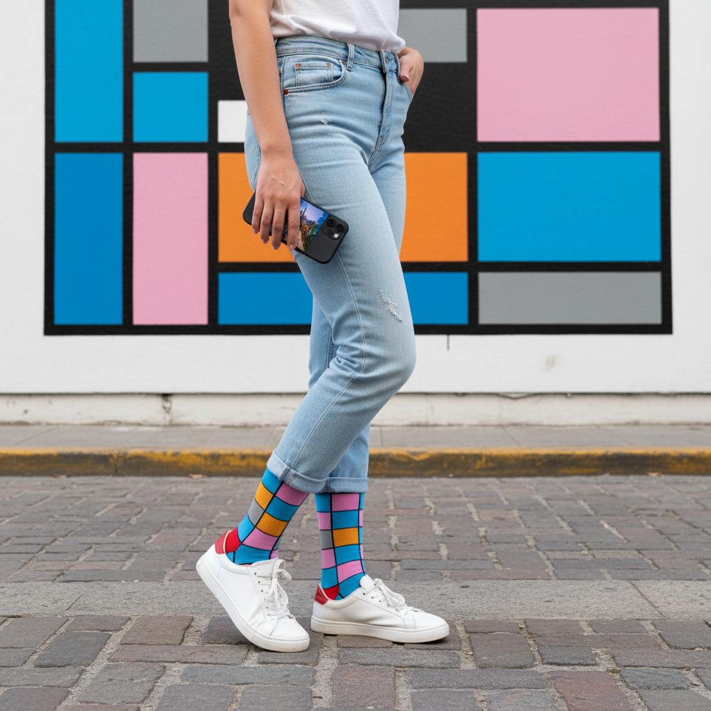 Calcetines Cuadros Arte Rosado - Plano general mural geométrico femenina caña alta