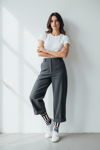 Calcetines Multirayas mujer de pie pared blanca