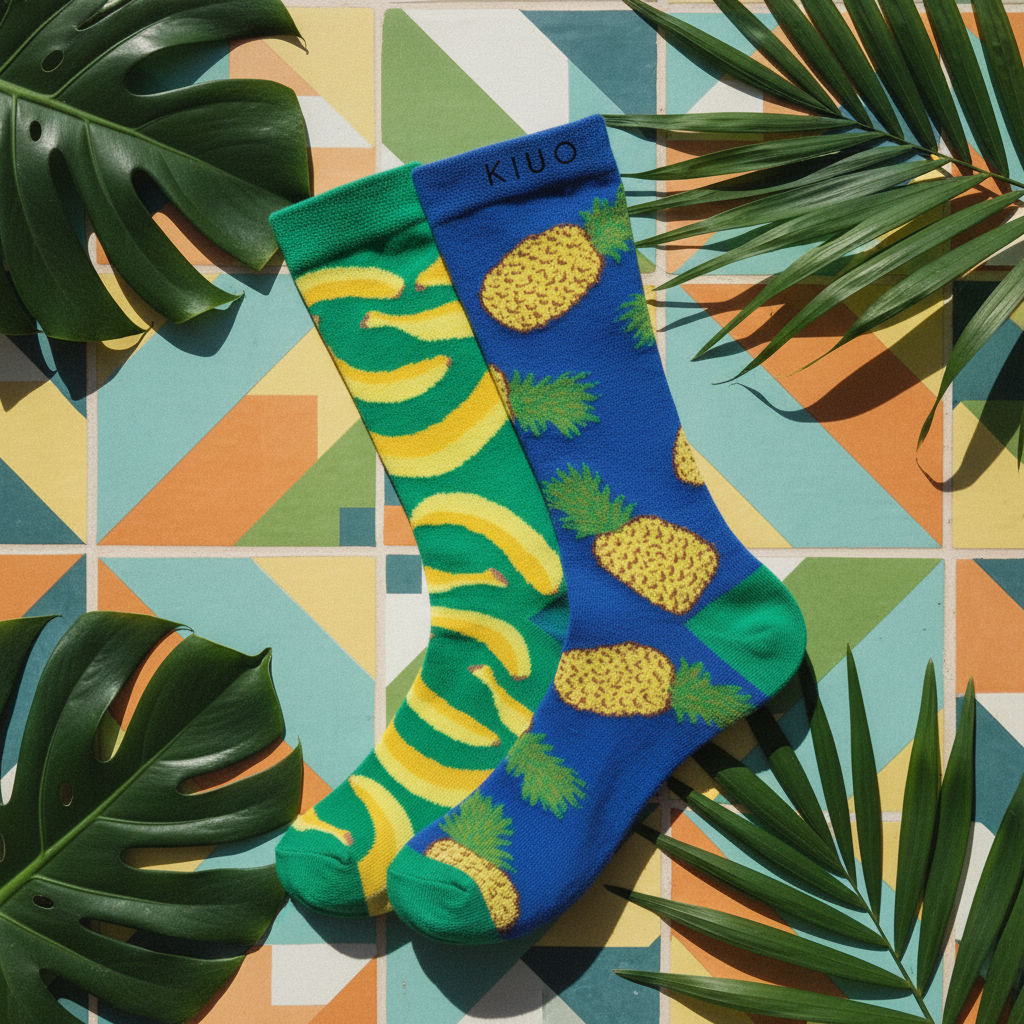 Calcetines Piña y Banana flat lay tropical