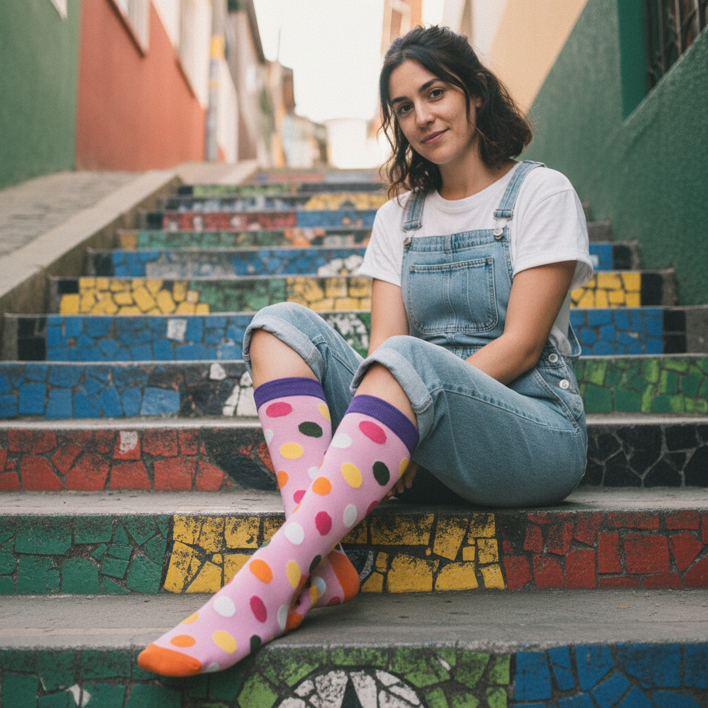 Calcetines Puntos Rosado Magico lifestyle mujer escalera