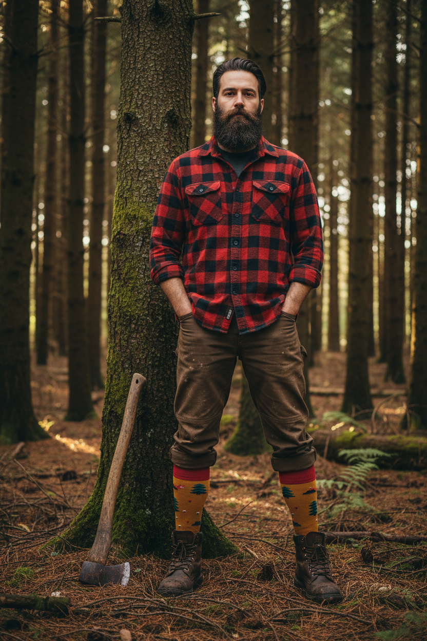 Calcetines con Pinos - Cuerpo completo leñador bosque pinos masculino caña alta