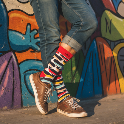 Calcetines KIUO Ballenas de Colores - apoyado en muro street art chileno