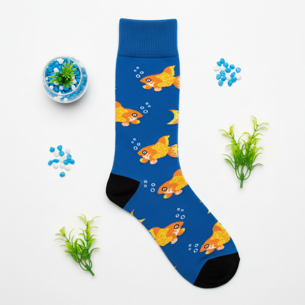 Calcetines Peces Felices flat lay con props acuáticos