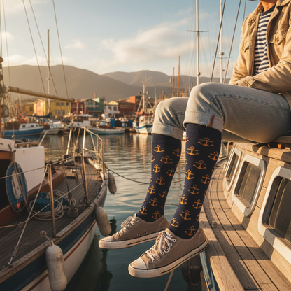 Calcetines KIUO Anclas - diseño náutico en bote de puerto chileno, caña alta hasta la rodilla