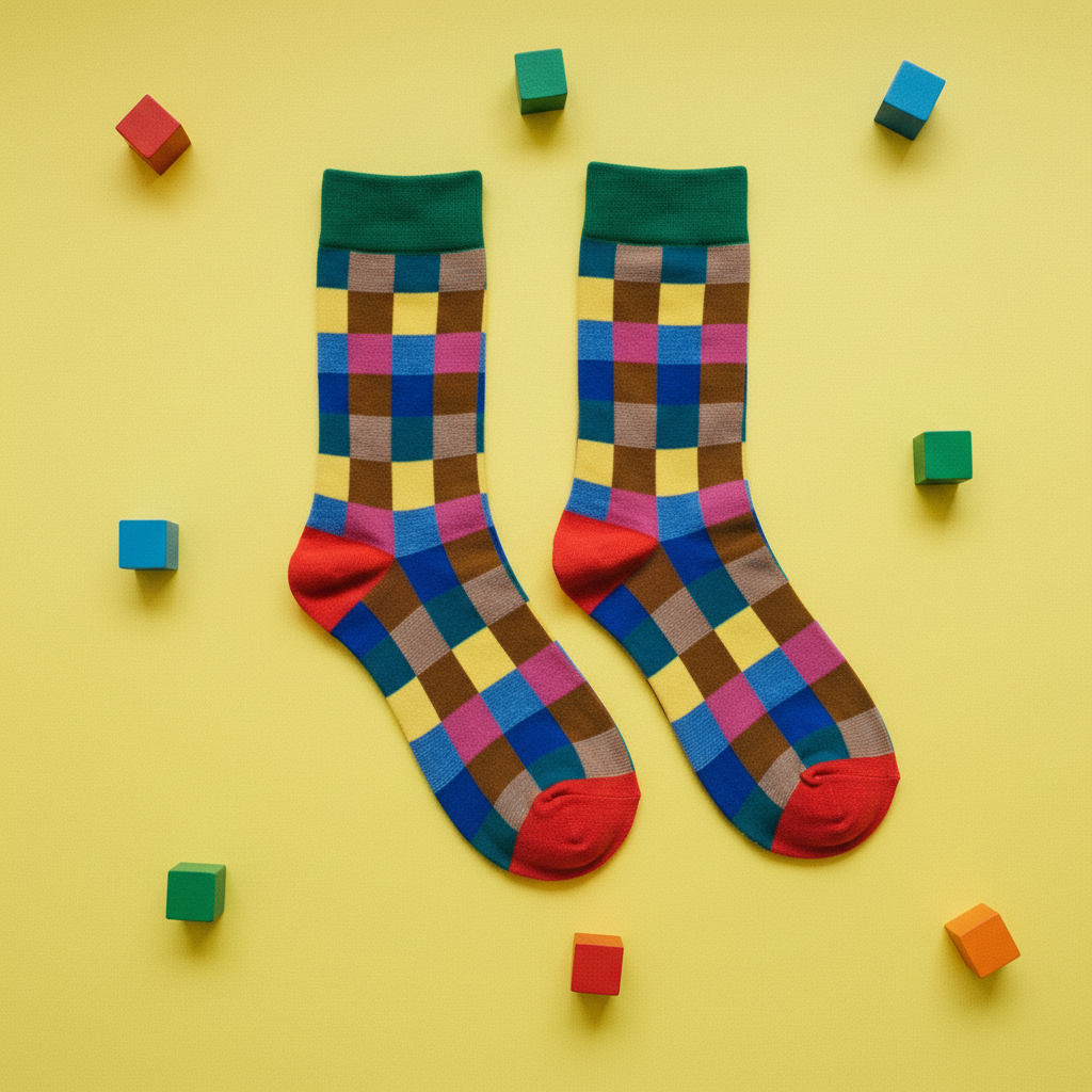 Calcetines con Cuadros de Colores flat lay par sobre amarillo