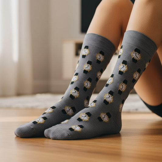 Calcetines KIUO con Relojes - close up del patrón de relojes con textura real del tejido