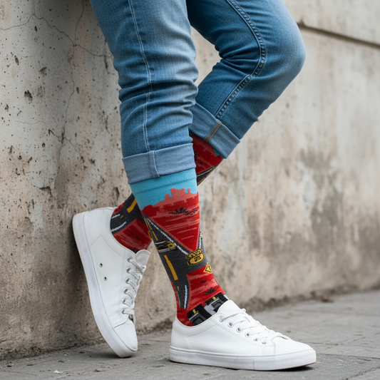 Calcetines KIUO Juego Auto Retro - apoyado en muro concreto Santiago