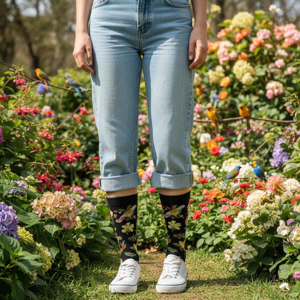 Calcetines Flores y Pájaros - Plano general jardín botánico femenina caña alta talón negro