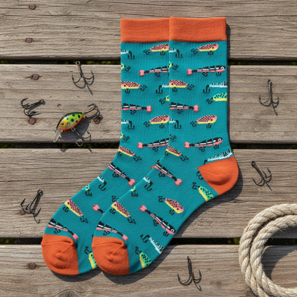 Calcetines Pescadores - Portada flat lay muelle señuelos caña alta