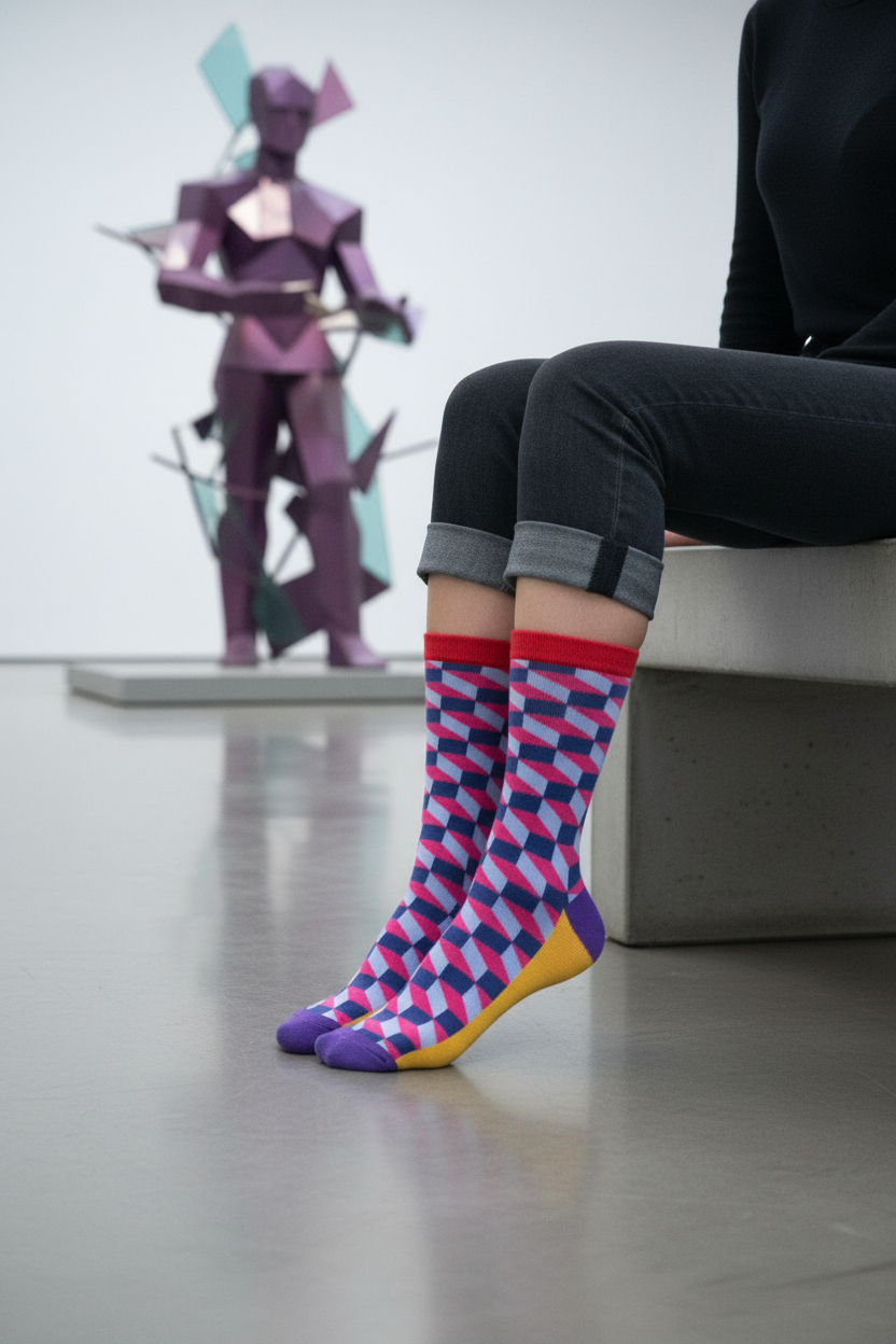 Calcetines Cuadros 3D Morado - Plano medio banca concreto galería