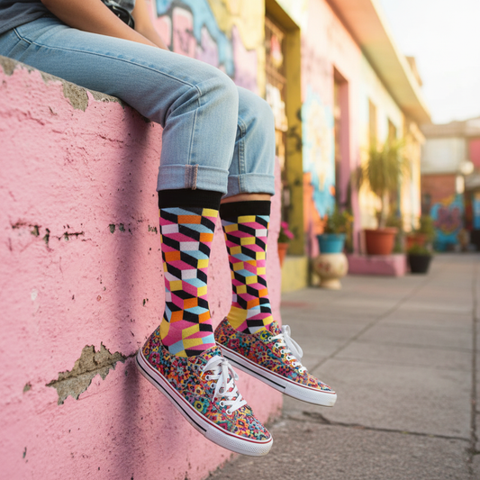 Calcetines KIUO Cuadros Rosado - diseño 3D rosado en banca de barrio trendy chileno