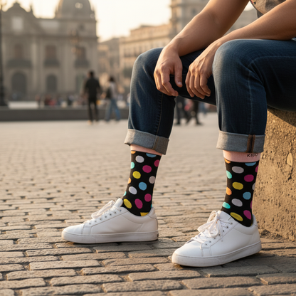 Calcetines KIUO Dots - plano medio sentado en muro plaza Santiago