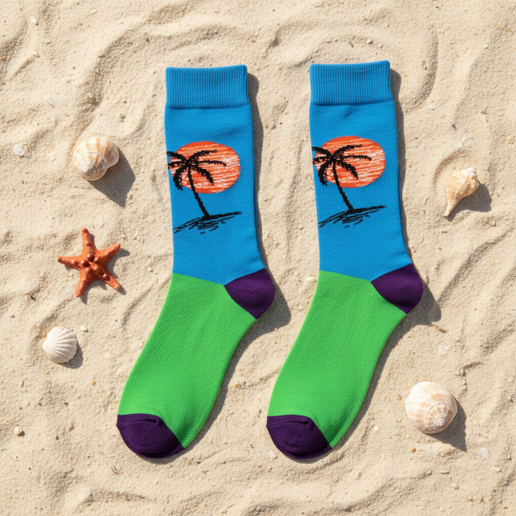Calcetines Palmera y Sol - Portada flat lay arena conchas caña alta