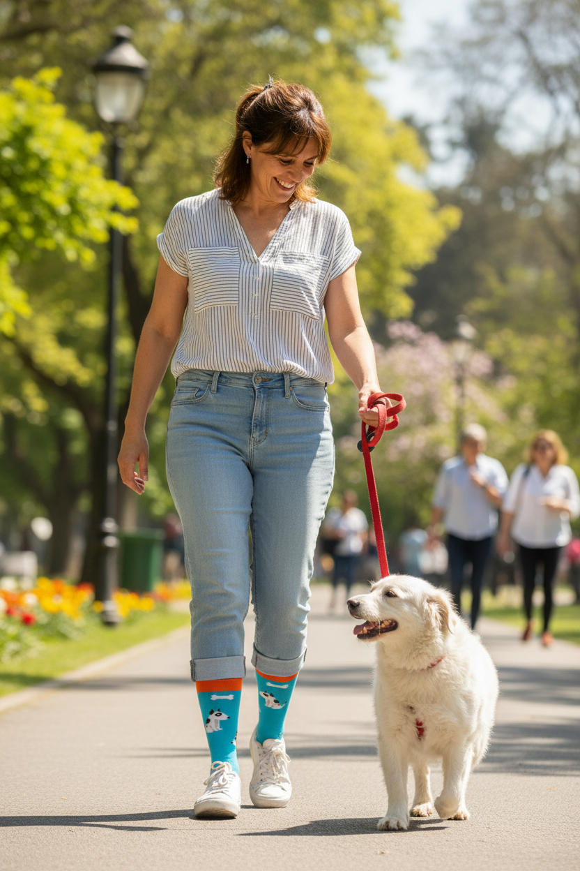 Calcetines Perros y Huesitos - Parque paseando perro mujer 40s caña alta