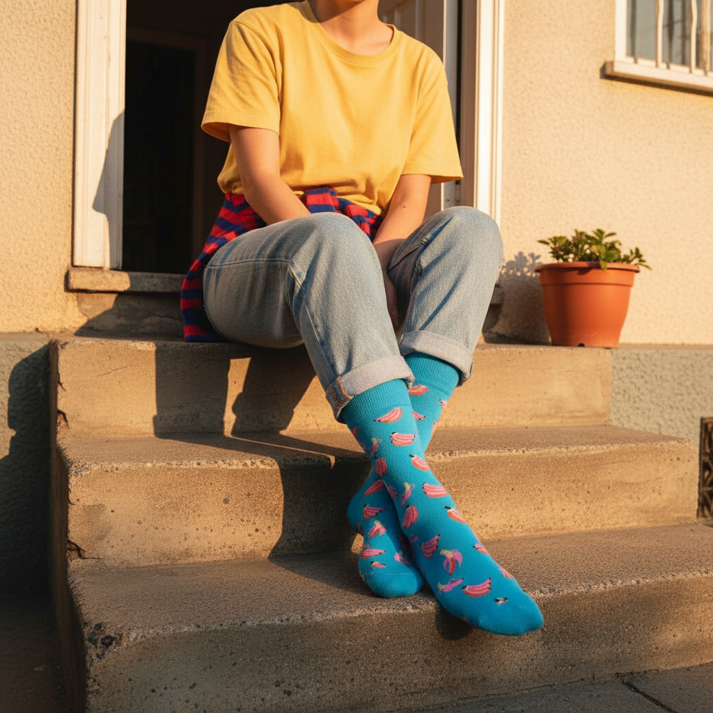 Calcetines KIUO Banana Celeste - diseño de bananas en escalera de casa chilena