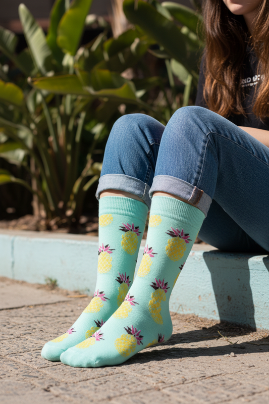 Calcetines Piñas Celeste - Plano medio escalón celeste plantas tropicales