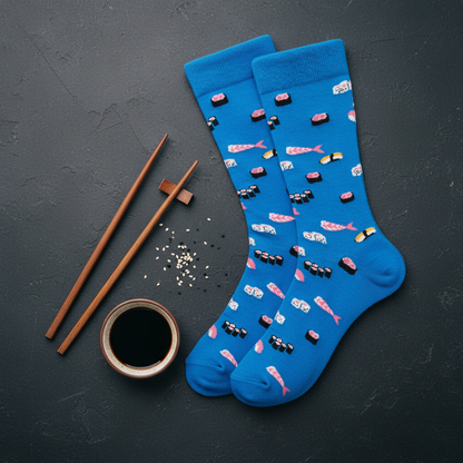 Calcetines Sushito flat lay par sobre pizarra
