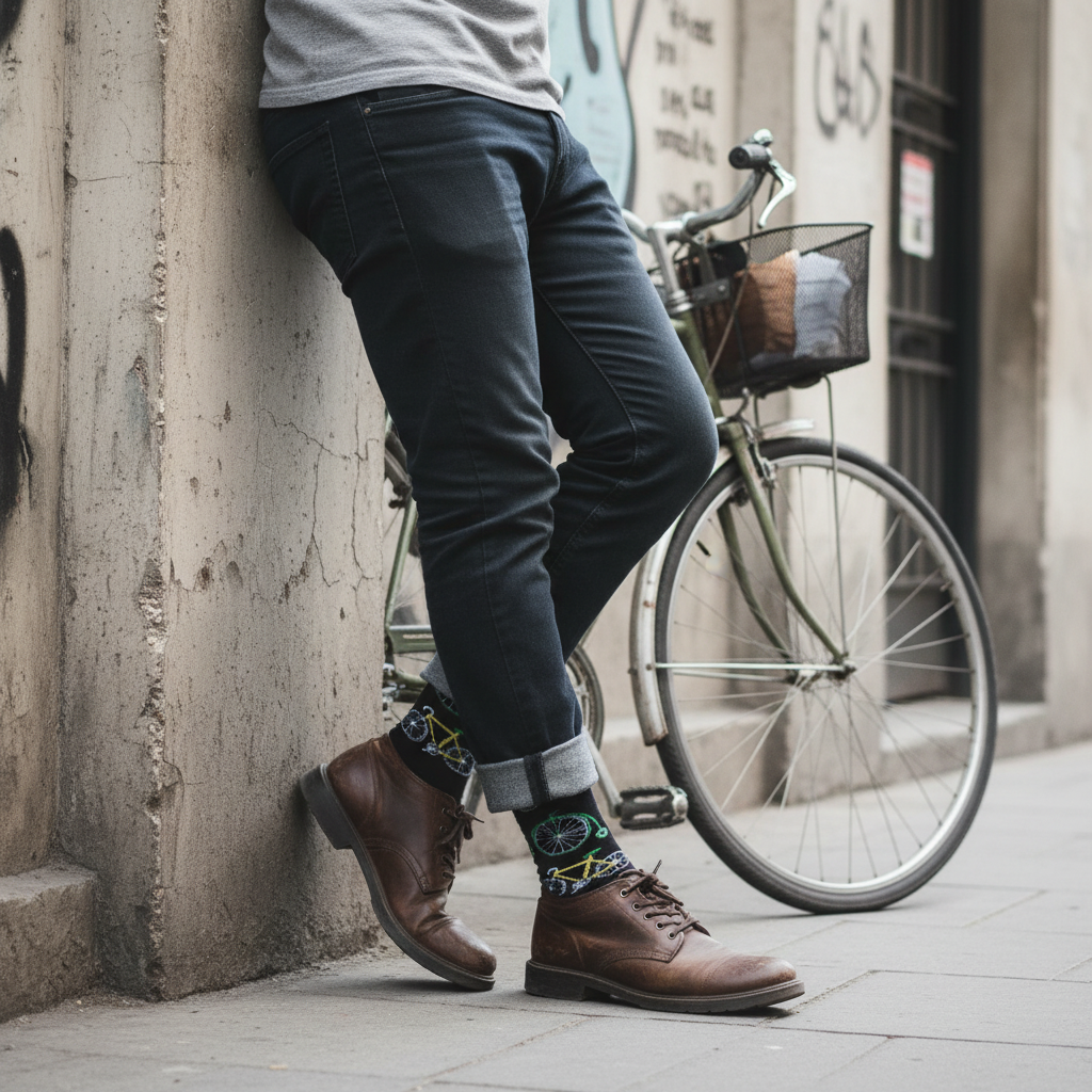 Calcetines KIUO Bicicletas - apoyado en muro con bicicleta Santiago