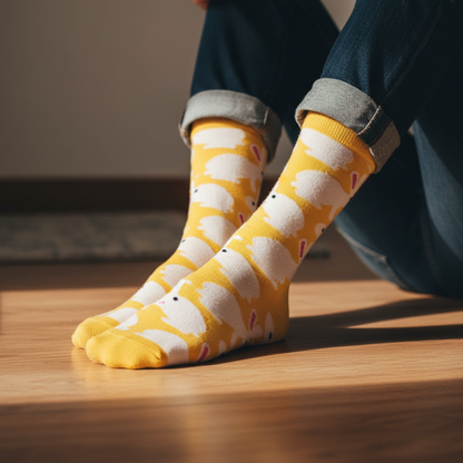 Calcetines KIUO Conejos - close up hombre en piso de madera con patrón de conejos