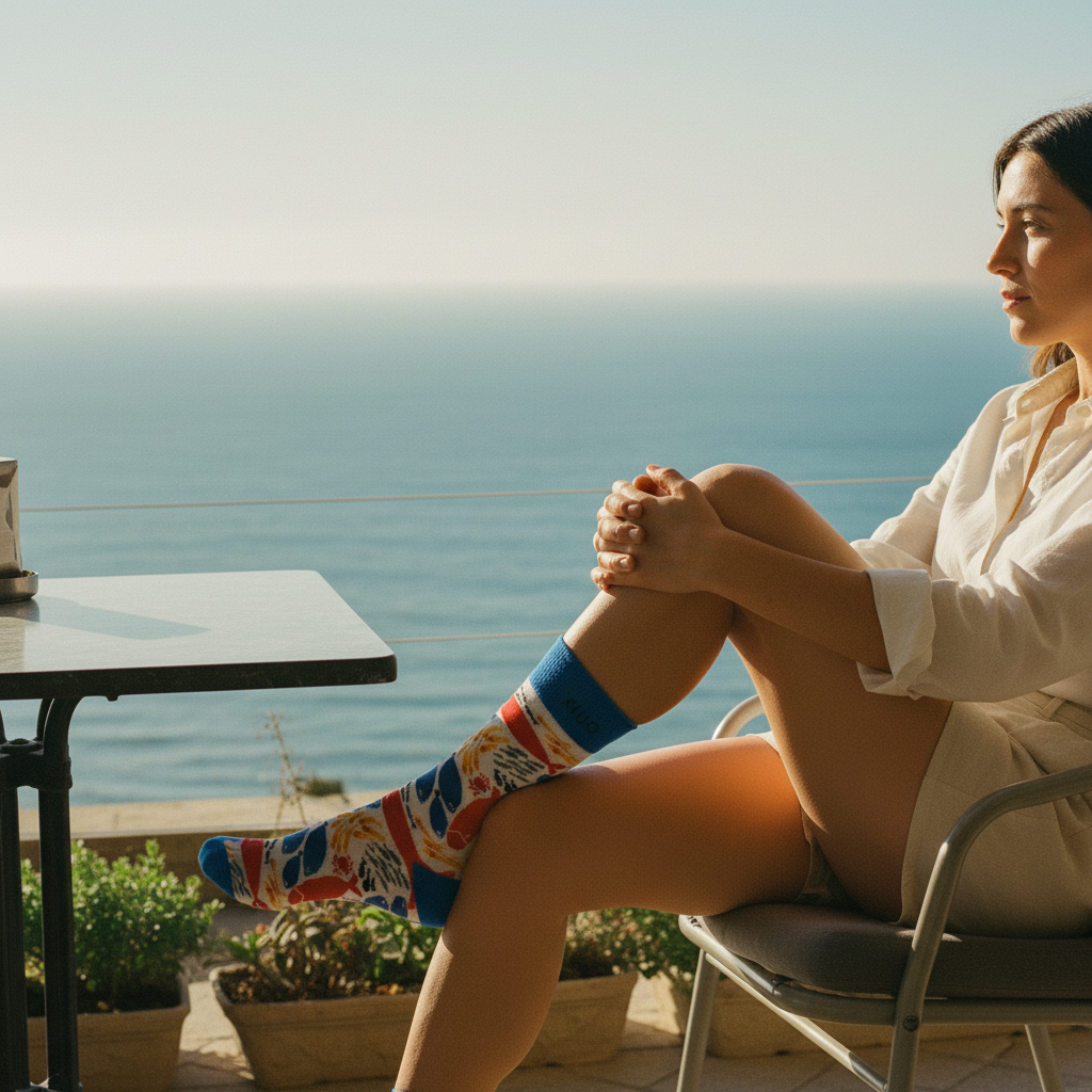 Calcetines Peces lifestyle mujer café vista al mar