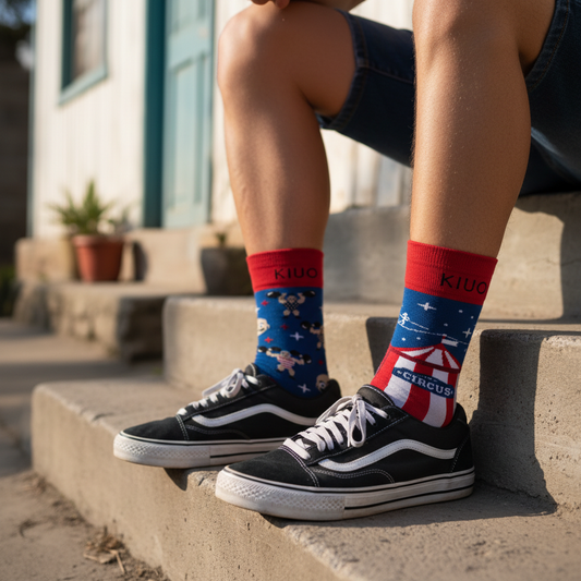 Calcetines KIUO Circo - close up del diseño azul con carpa de circo roja y personajes