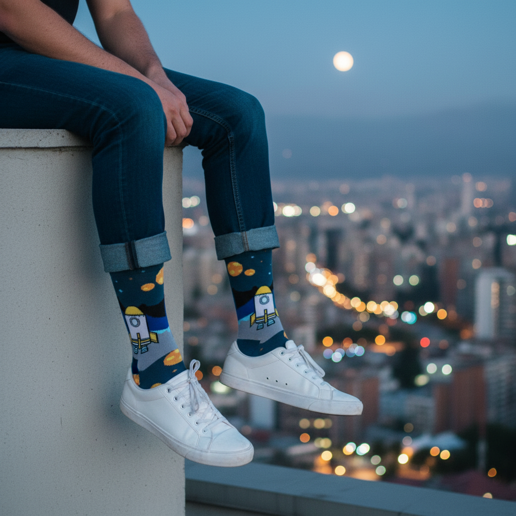 Calcetines KIUO Nave Espacial - plano medio terraza rooftop ciudad de fondo