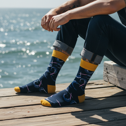 Calcetines Marlin close-up masculino en muelle