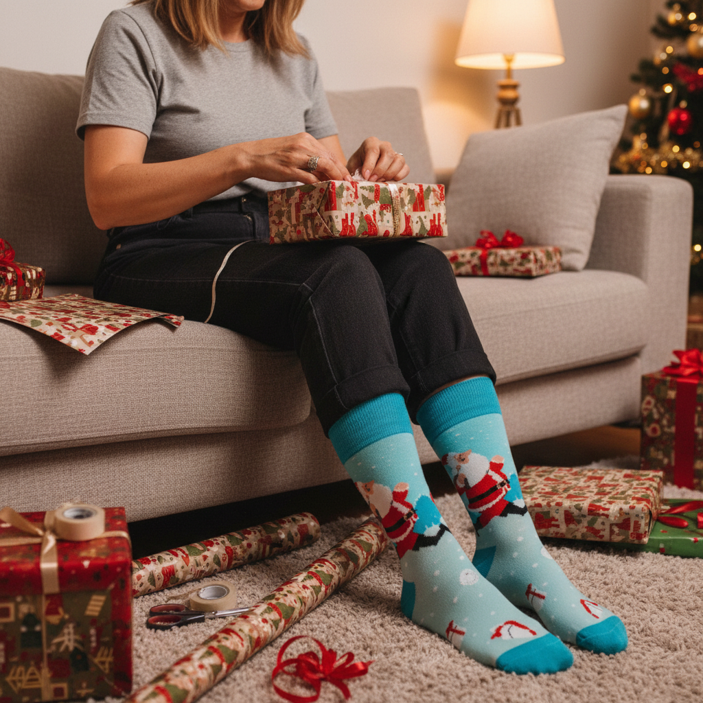 Calcetines Santa - Envolviendo regalos mujer 50s caña alta