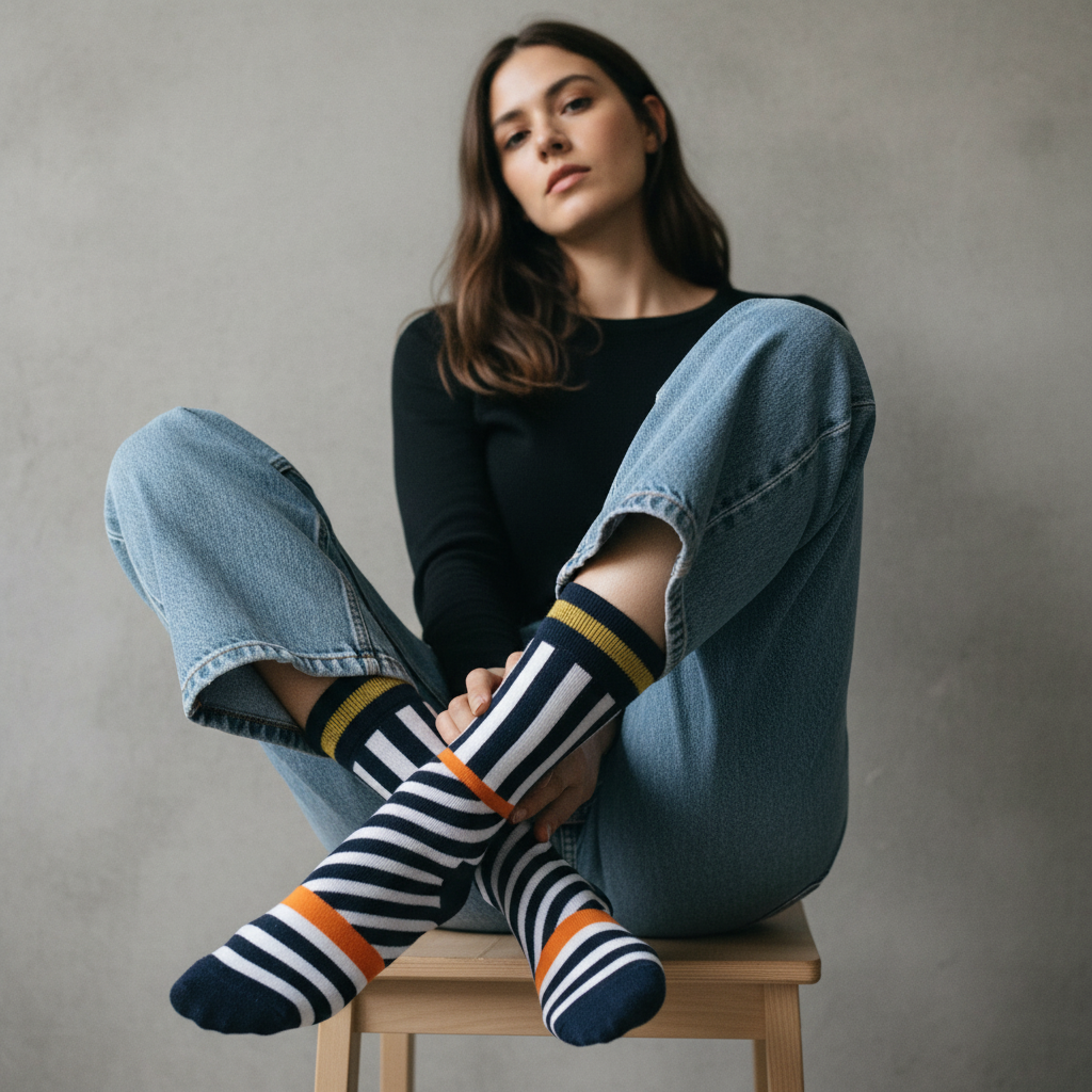 Calcetines Multirayas close-up femenino editorial