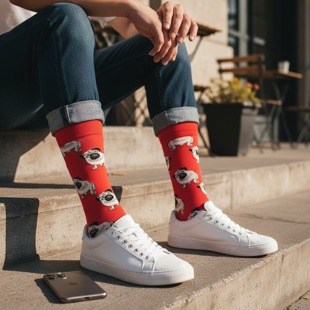 Calcetines Pug Rojos - Plano medio escalón parque masculino caña alta