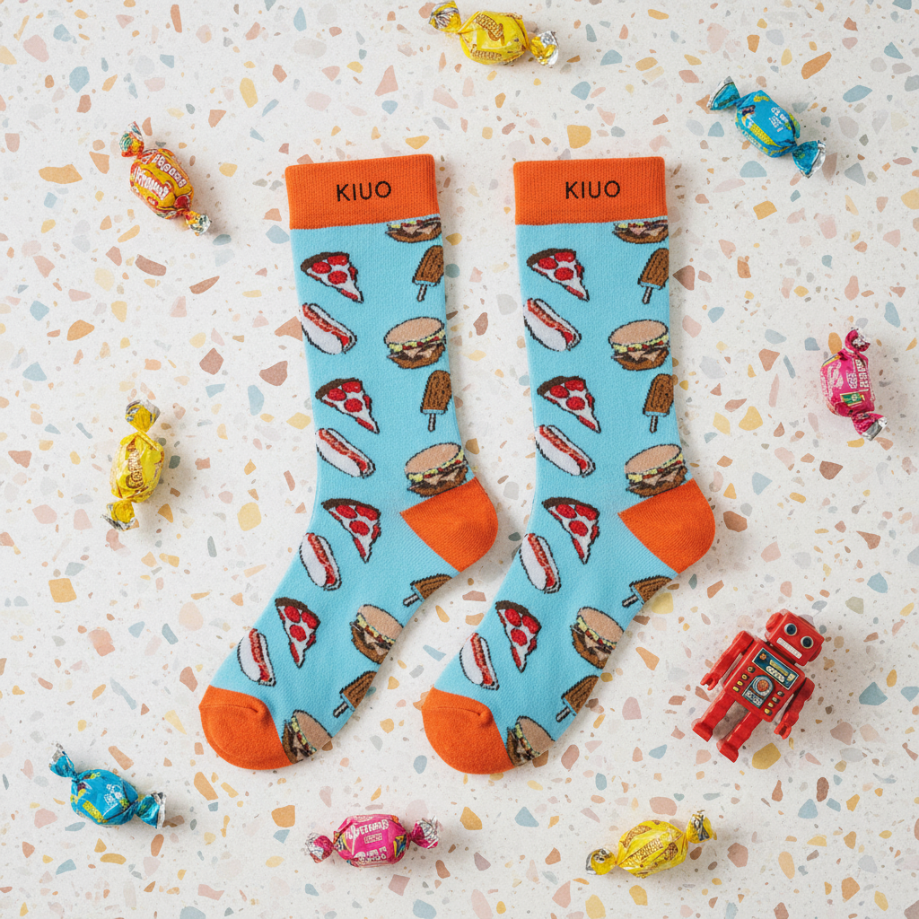 Calcetines Pizza y Helado flat lay par sobre terrazo