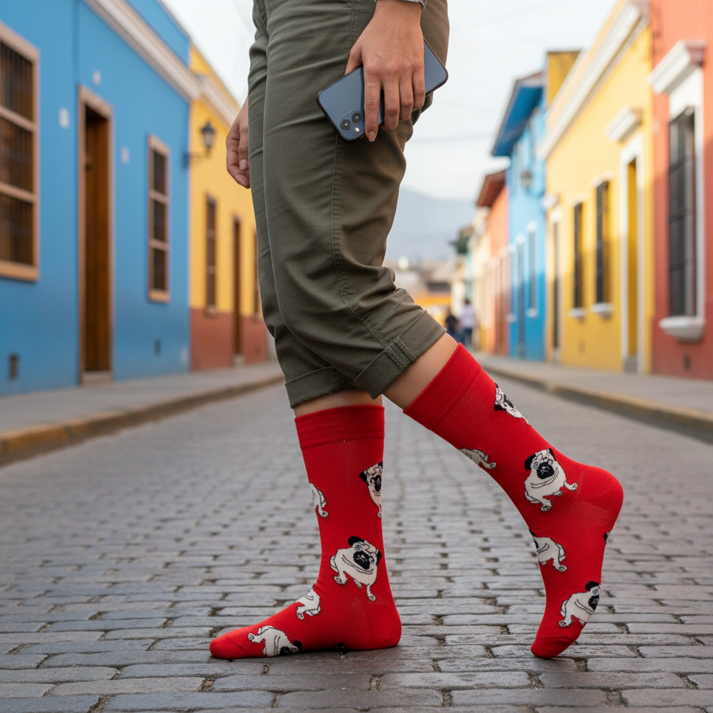 Calcetines Pug Rojos - Acción calle colorida femenina caña alta