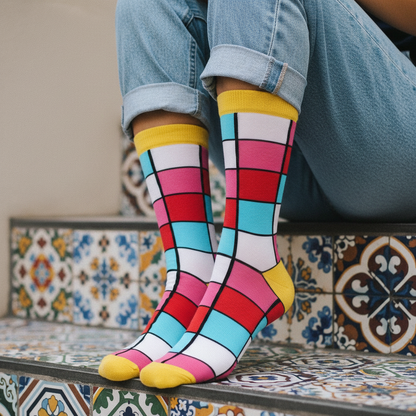 Calcetines Cuadros Arte Rojo close-up femenino escalón colorido