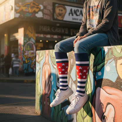 Calcetines KIUO America - diseño en mural chileno, caña alta hasta la rodilla