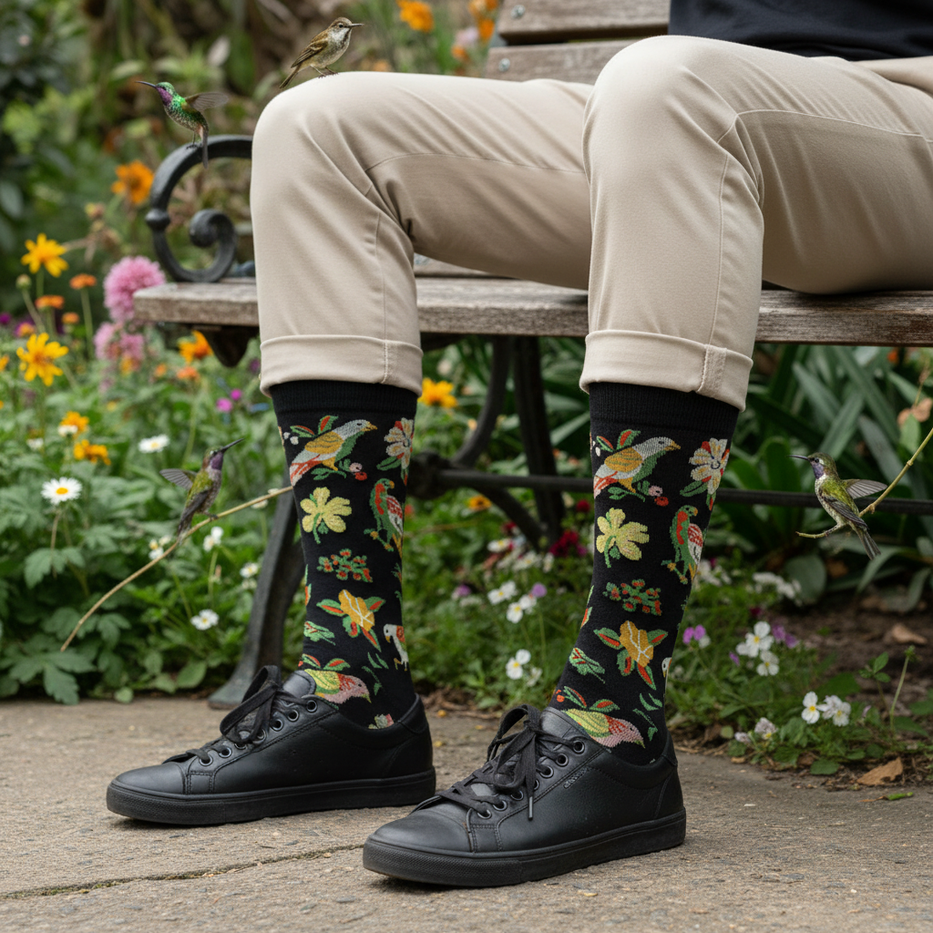 Calcetines Flores y Pájaros - Plano medio banco parque masculino caña alta talón negro