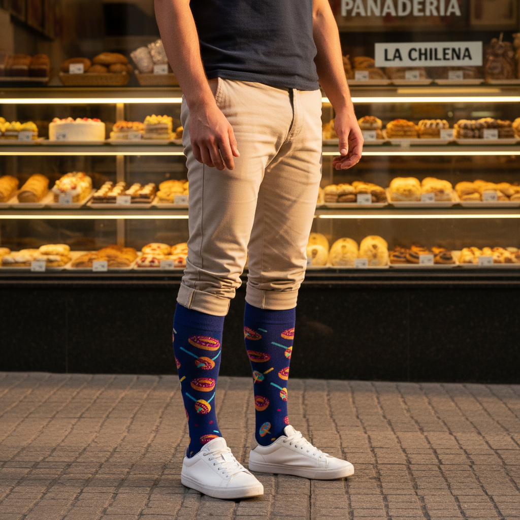 Calcetines KIUO Donuts - plano general frente a panadería Santiago