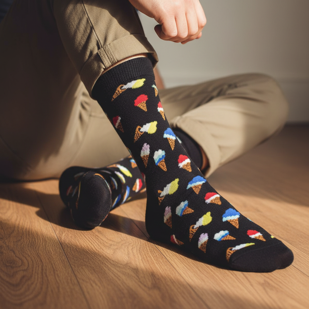 Calcetines KIUO Cono de Helado - close up hombre portada con diseño de conos de helado