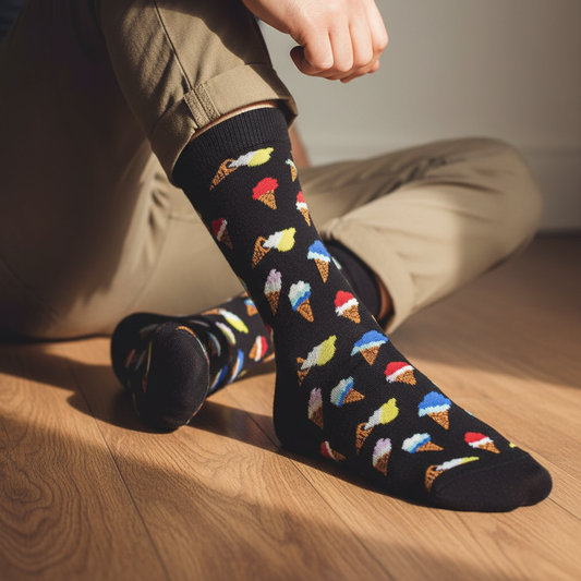 Calcetines KIUO Cono de Helado - close up hombre portada con diseño de conos de helado